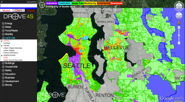 screenshot of DriveDecisions showing zoning for Seattle and parts of the surrounding area
