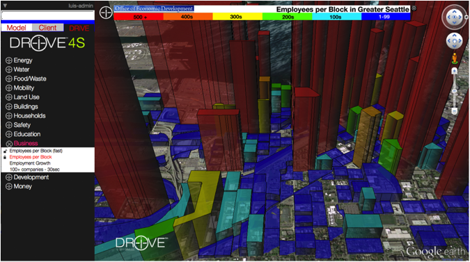 screenshot of DriveDecisions showing employment statistics for downtown Seattle